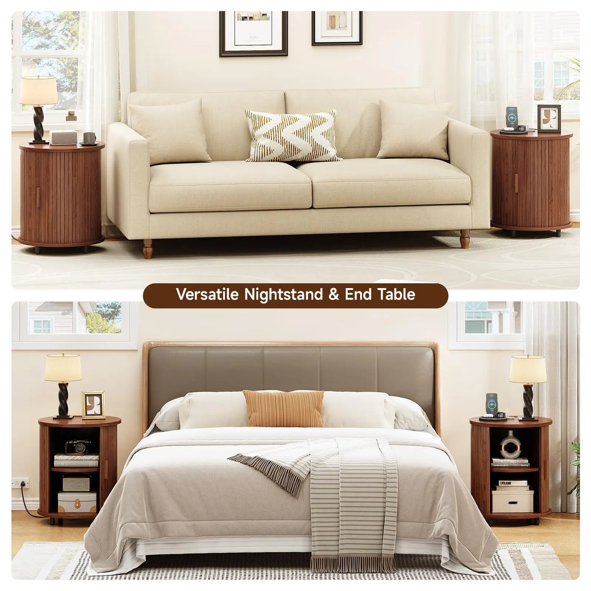 ONBRILL Fluted Round End Table With Storage For Bedroom malembe