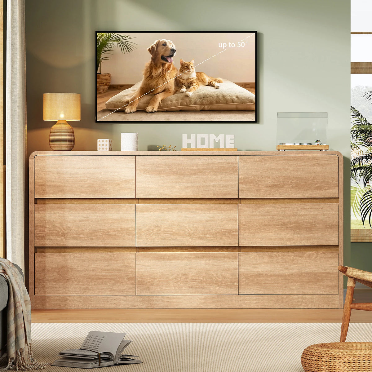 Modern Nine Drawer Wooden Bedroom Dresser With Curved Profile Design