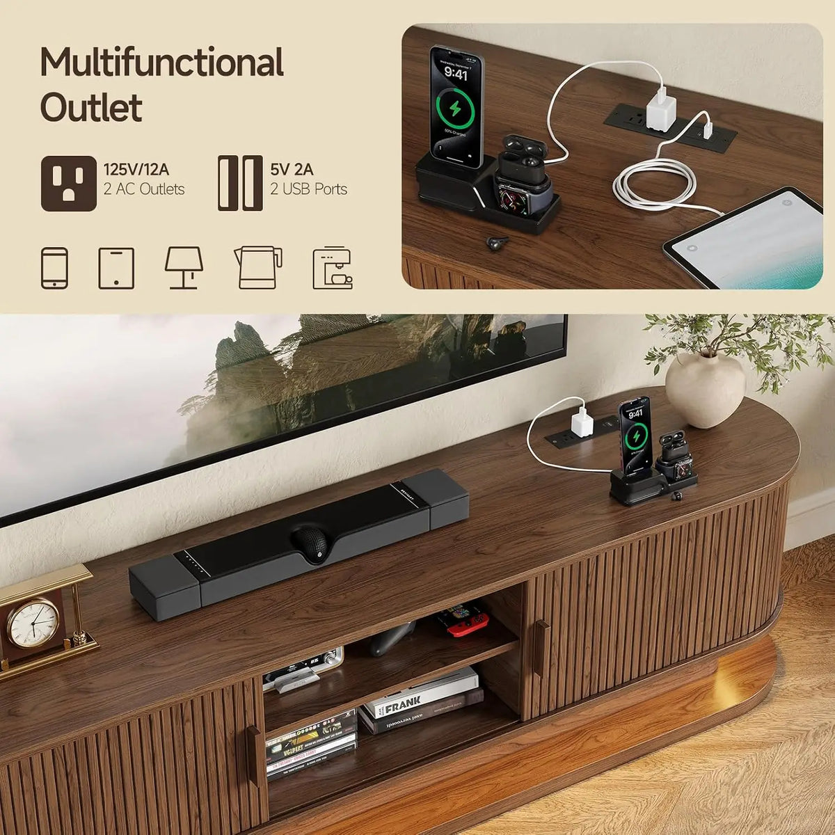 ONBRILL Modern TV Stand with LED Lights and Power Outlet