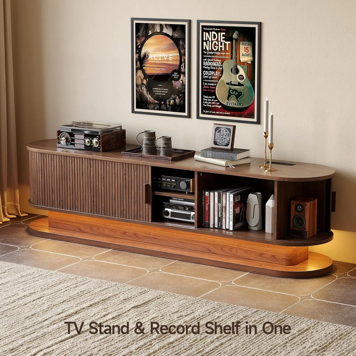 ONBRILL Modern TV Stand with LED Lights and Power Outlet