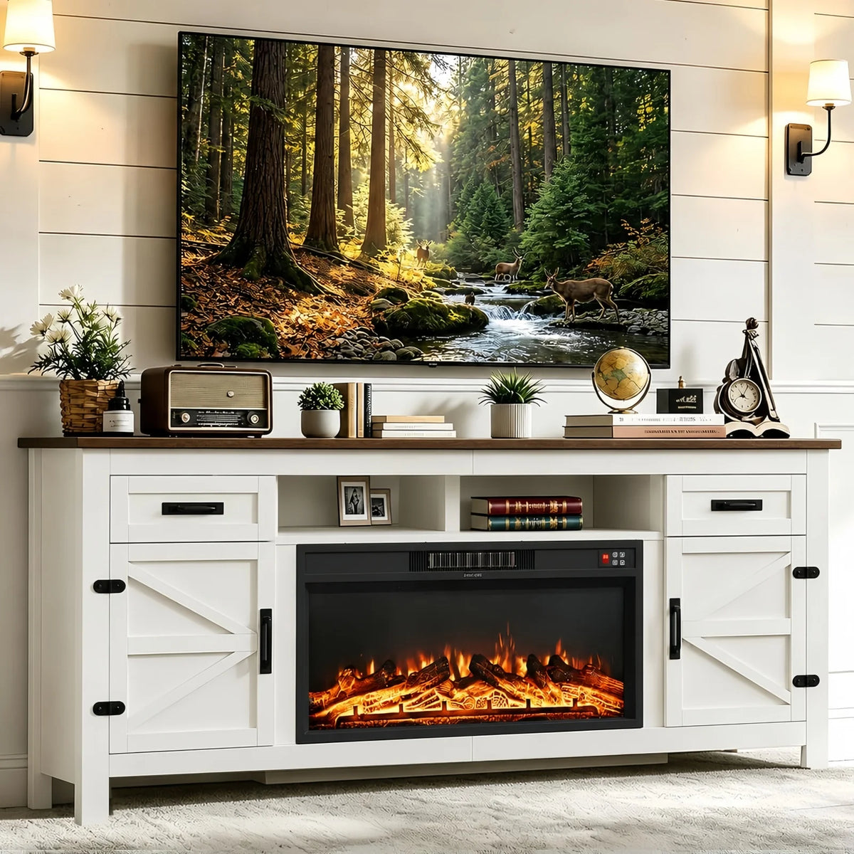 Aoxun Farmhouse TV Stand With Electric Fireplace And Storage