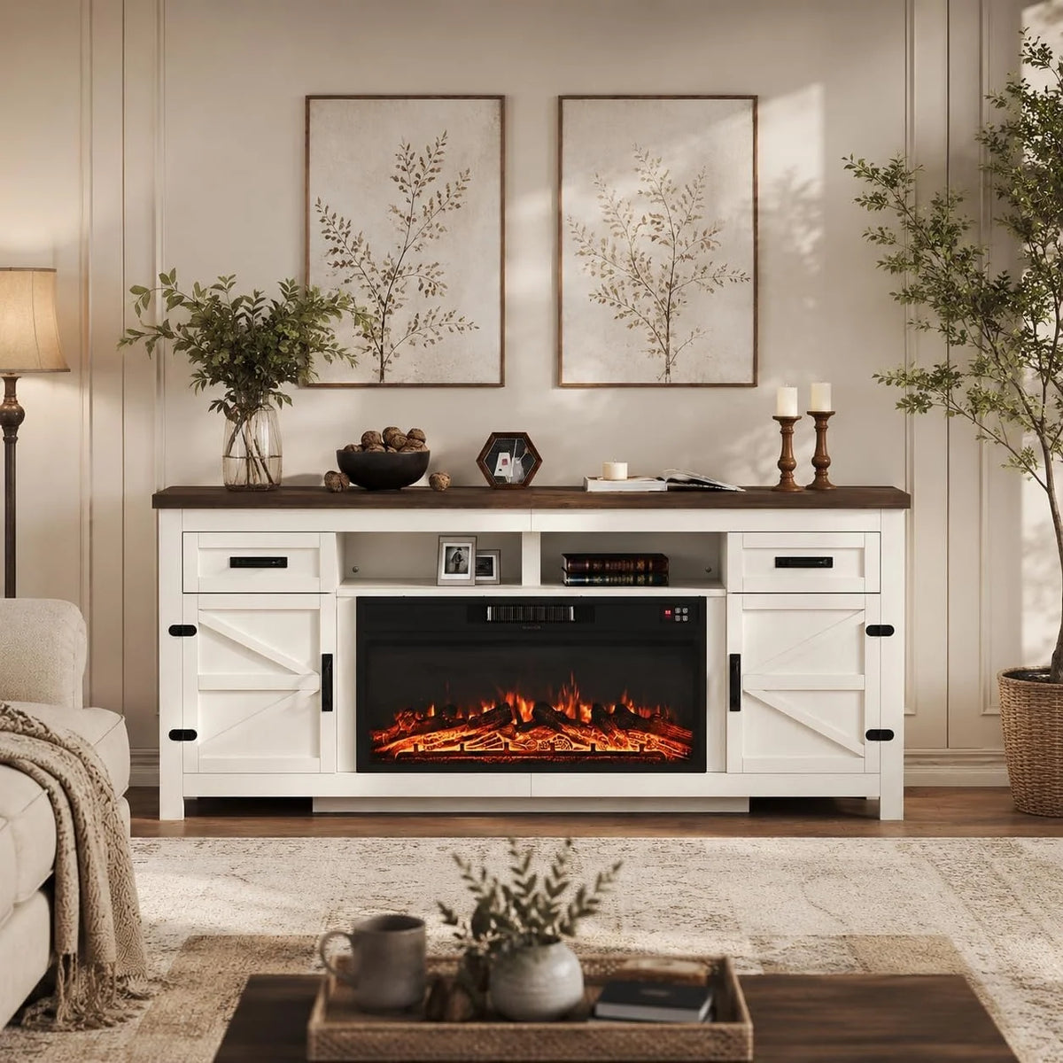 Aoxun Farmhouse TV Stand With Electric Fireplace And Storage