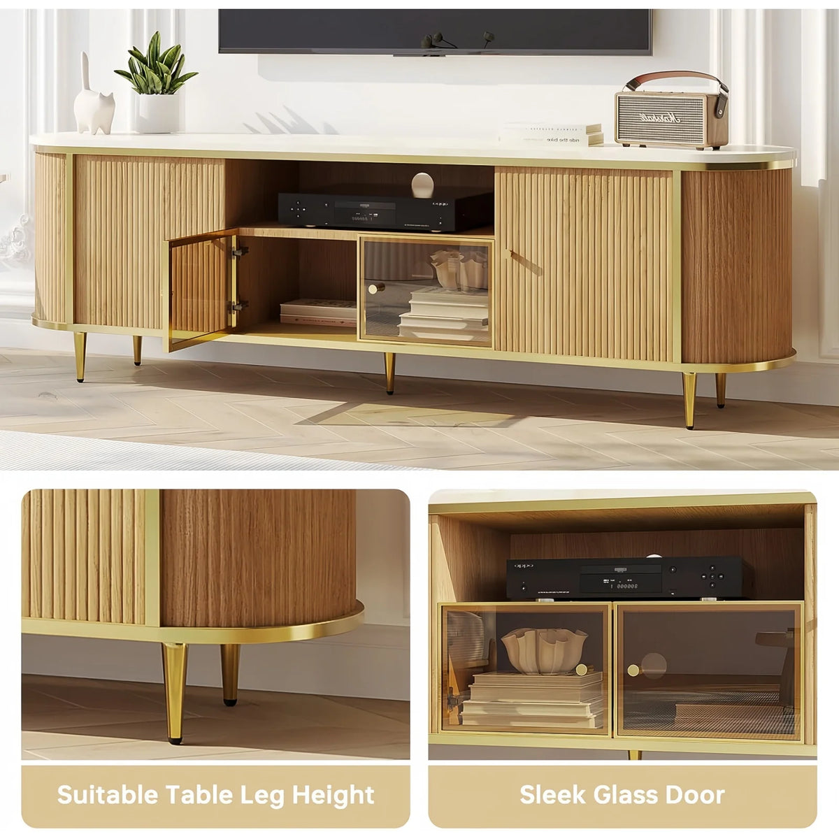 AOXUN Fluted TV Stand With Glass Doors And Spacious Storage