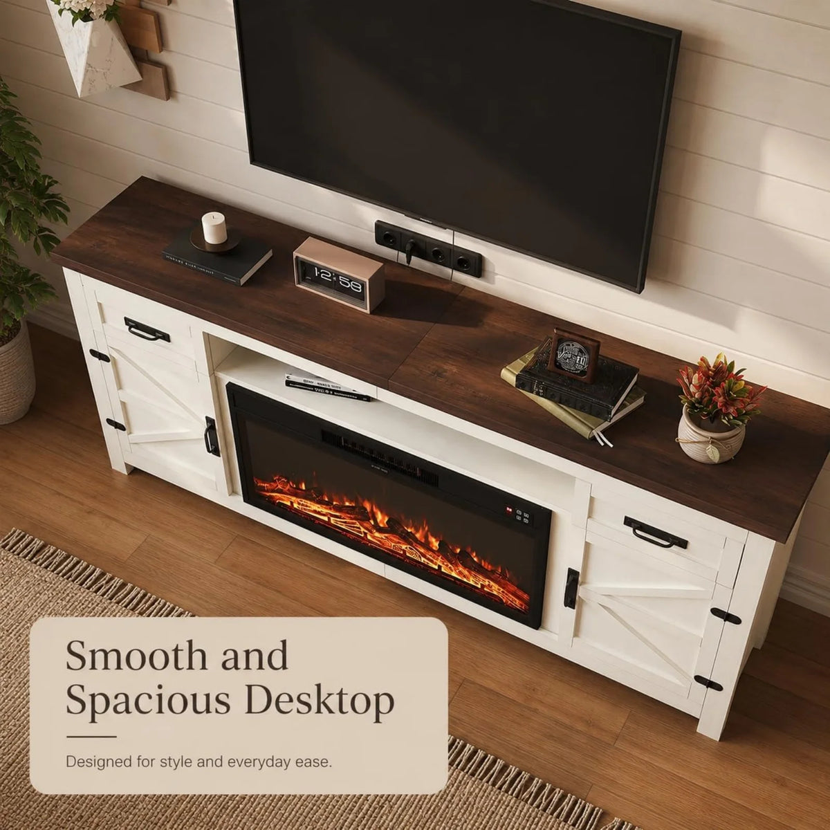 Aoxun Farmhouse TV Stand With Electric Fireplace And Storage