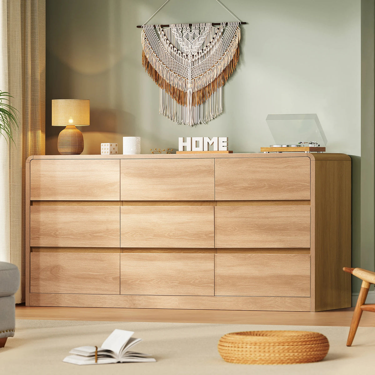 Modern Nine Drawer Wooden Bedroom Dresser With Curved Profile Design