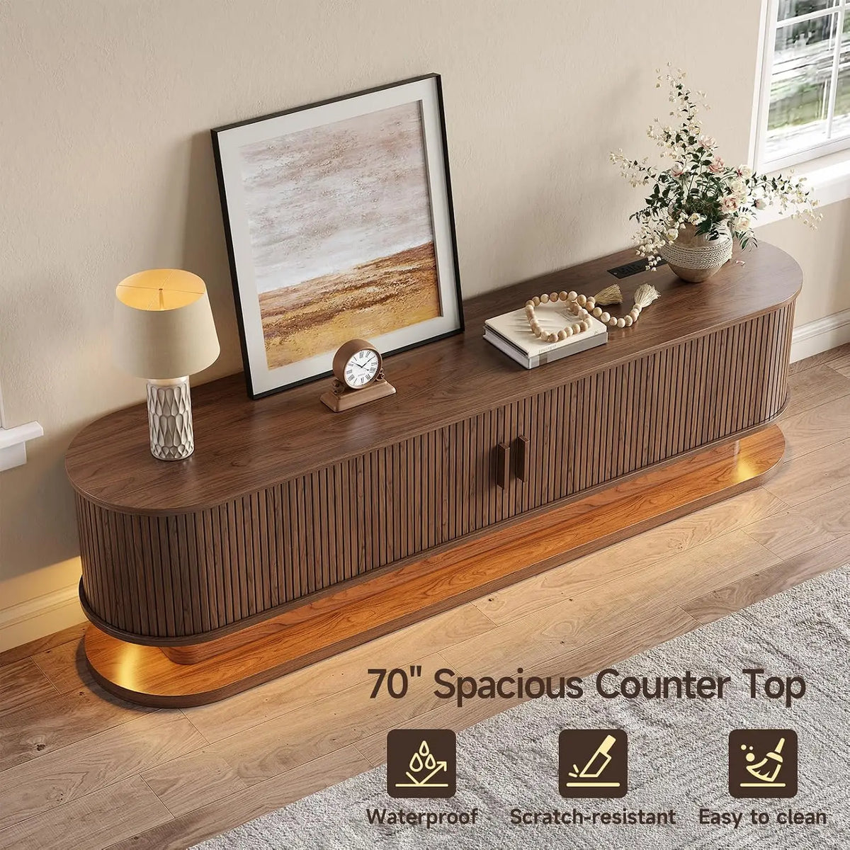 ONBRILL Modern TV Stand with LED Lights and Power Outlet