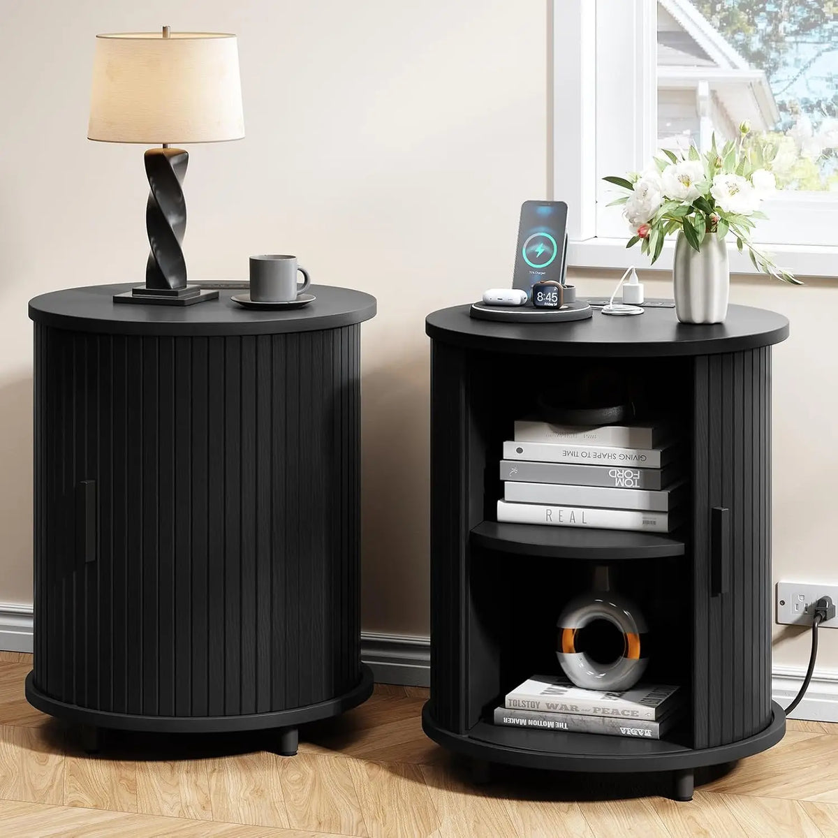 ONBRILL Fluted Round End Table With Storage For Bedroom malembe