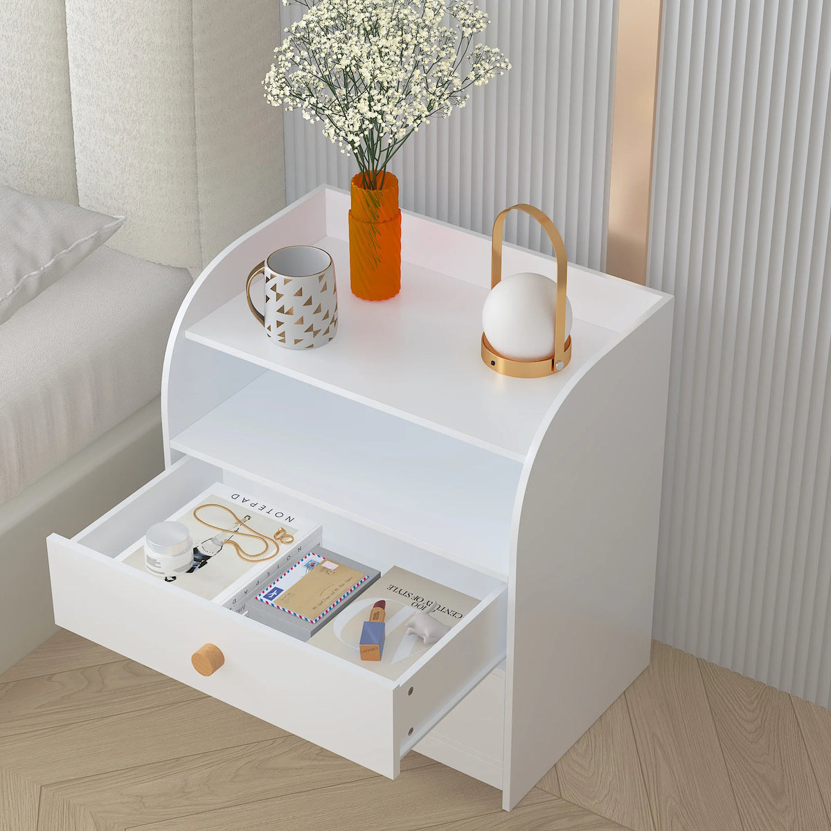 Modern Nightstand With Two Drawers And Open Shelf Storage