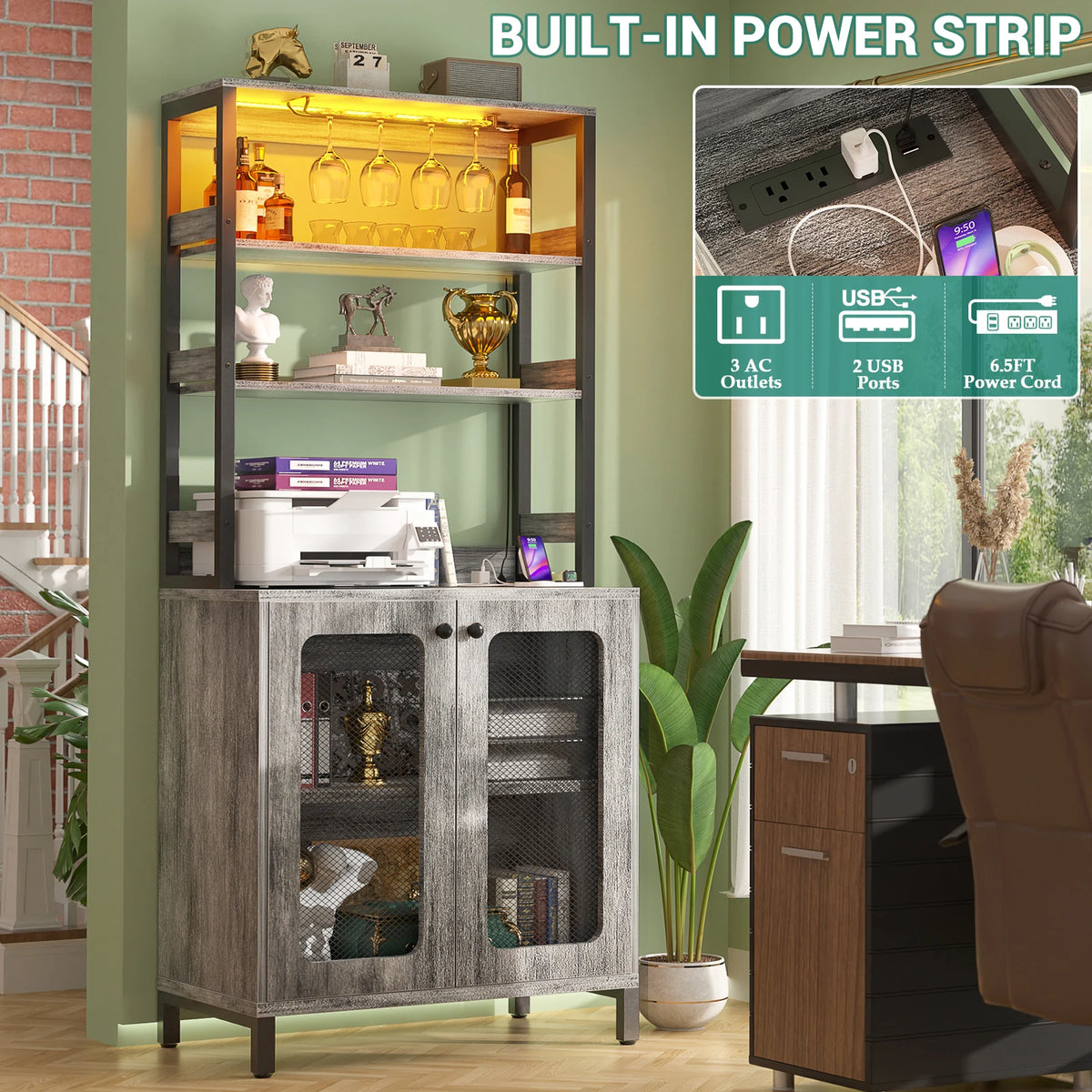 Aheaplus Bar Cabinet With LED Lights Glass Holder And Outlets