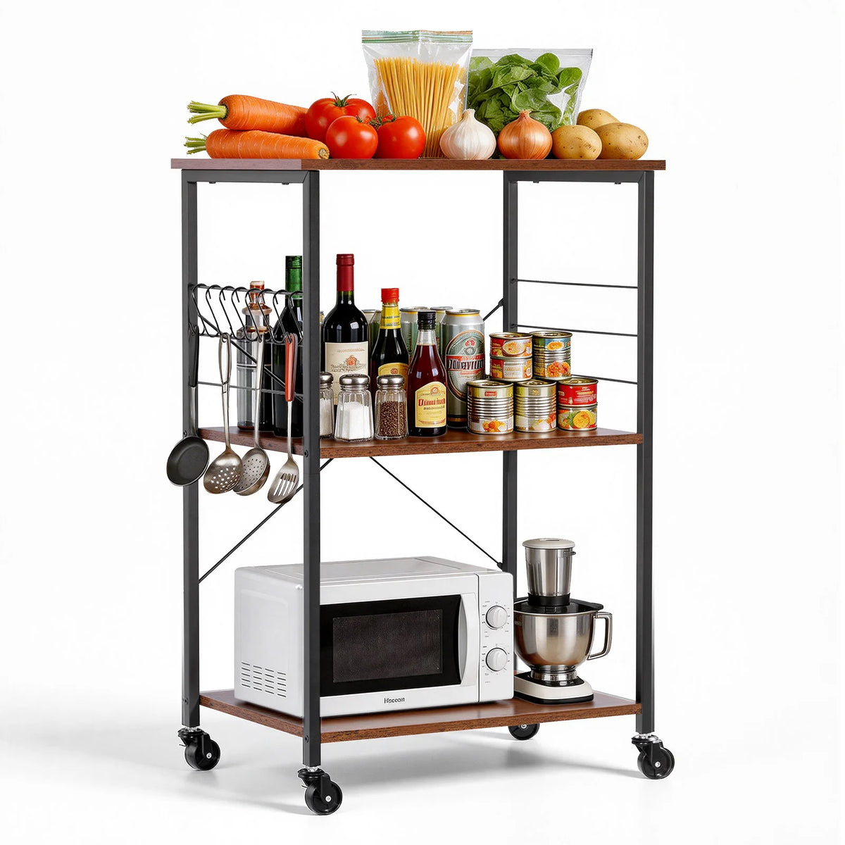 SucceBuy Three Tier Kitchen Utility Cart With Microwave Shelf and Hooks