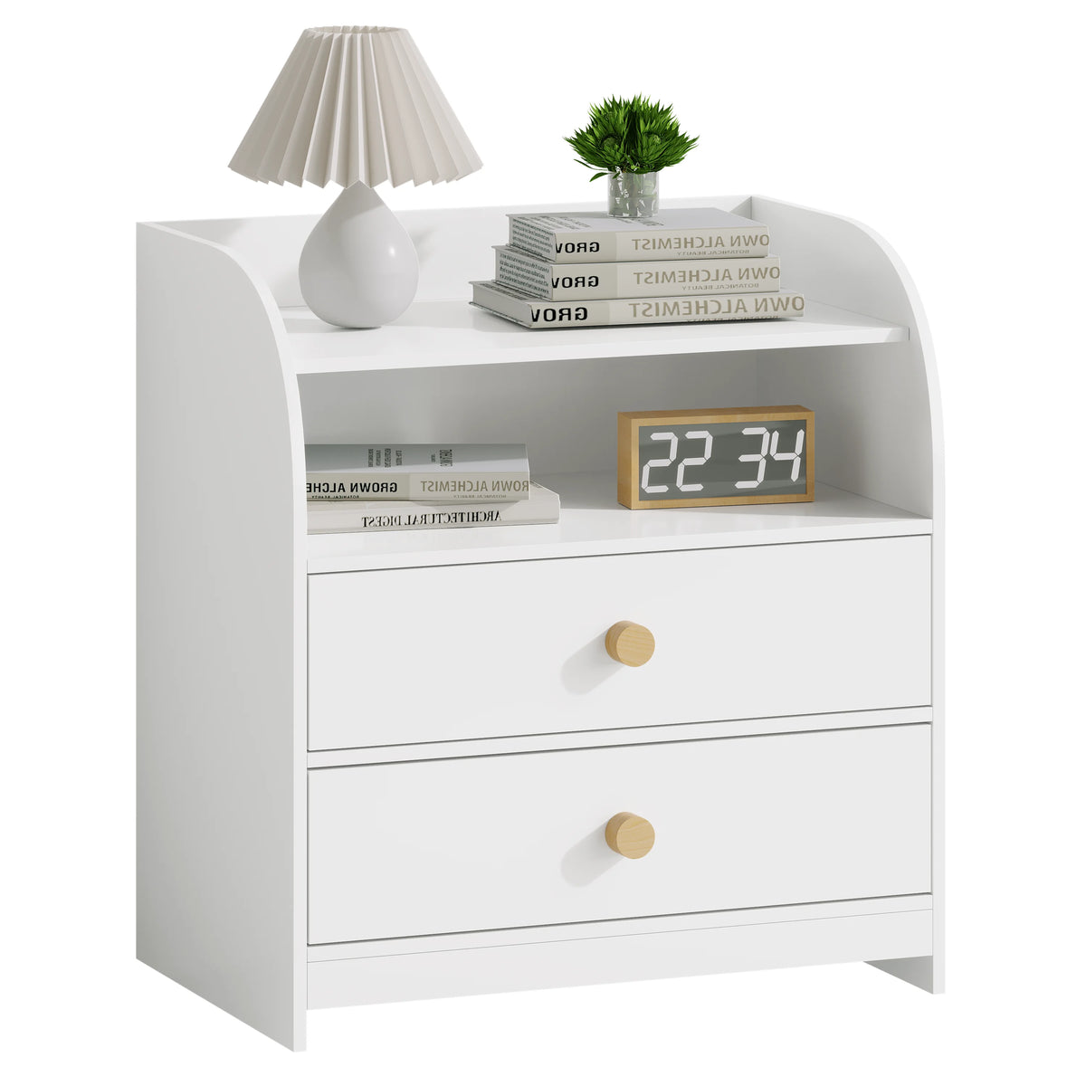 Modern Nightstand With Two Drawers And Open Shelf Storage