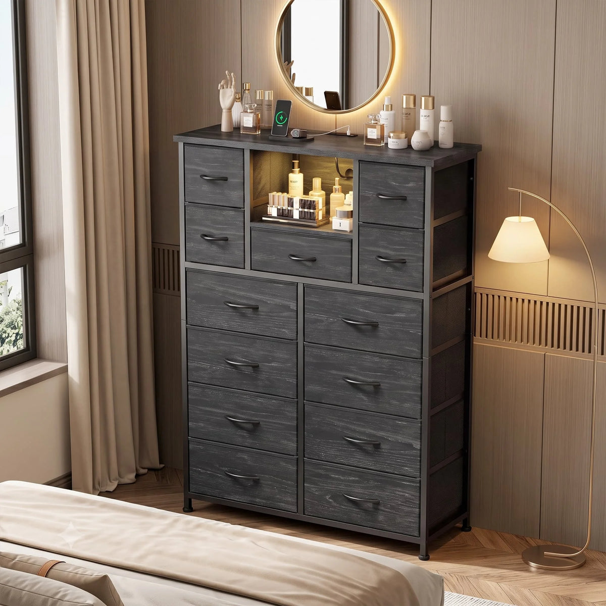 EnHomee Fabric Dresser With LED Lights And Charging Hub Organizer