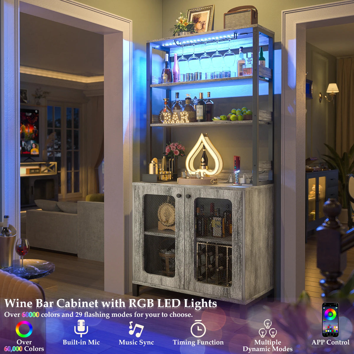 Aheaplus Bar Cabinet With LED Lights Glass Holder And Outlets