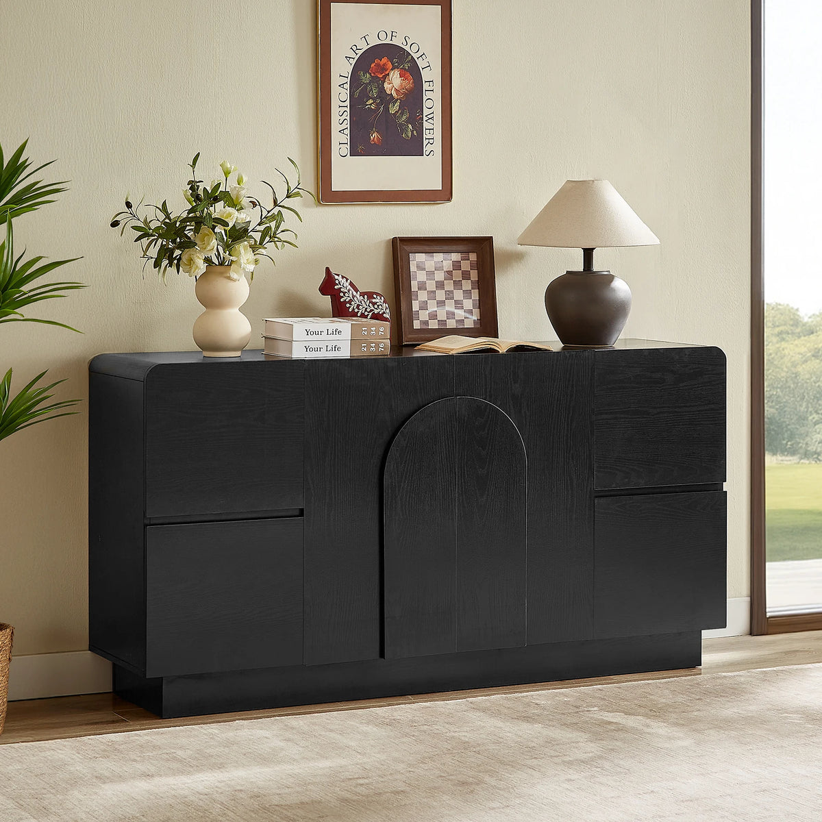 ONBRILL Modern Sideboard Cabinet With Drawers And Arched Doors