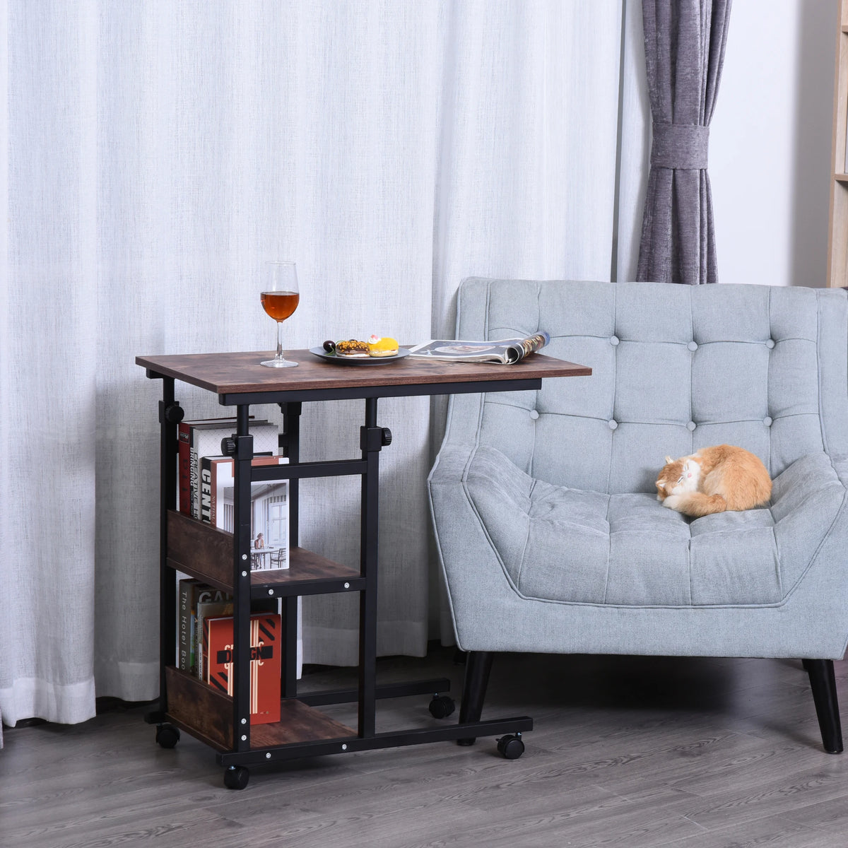HOMCOM Industrial C Shaped Rolling Sofa Side Table With Storage