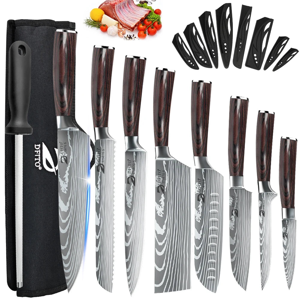 KEPEAK Stainless Steel Kitchen Knife Set With Chef Santoku Cleaver