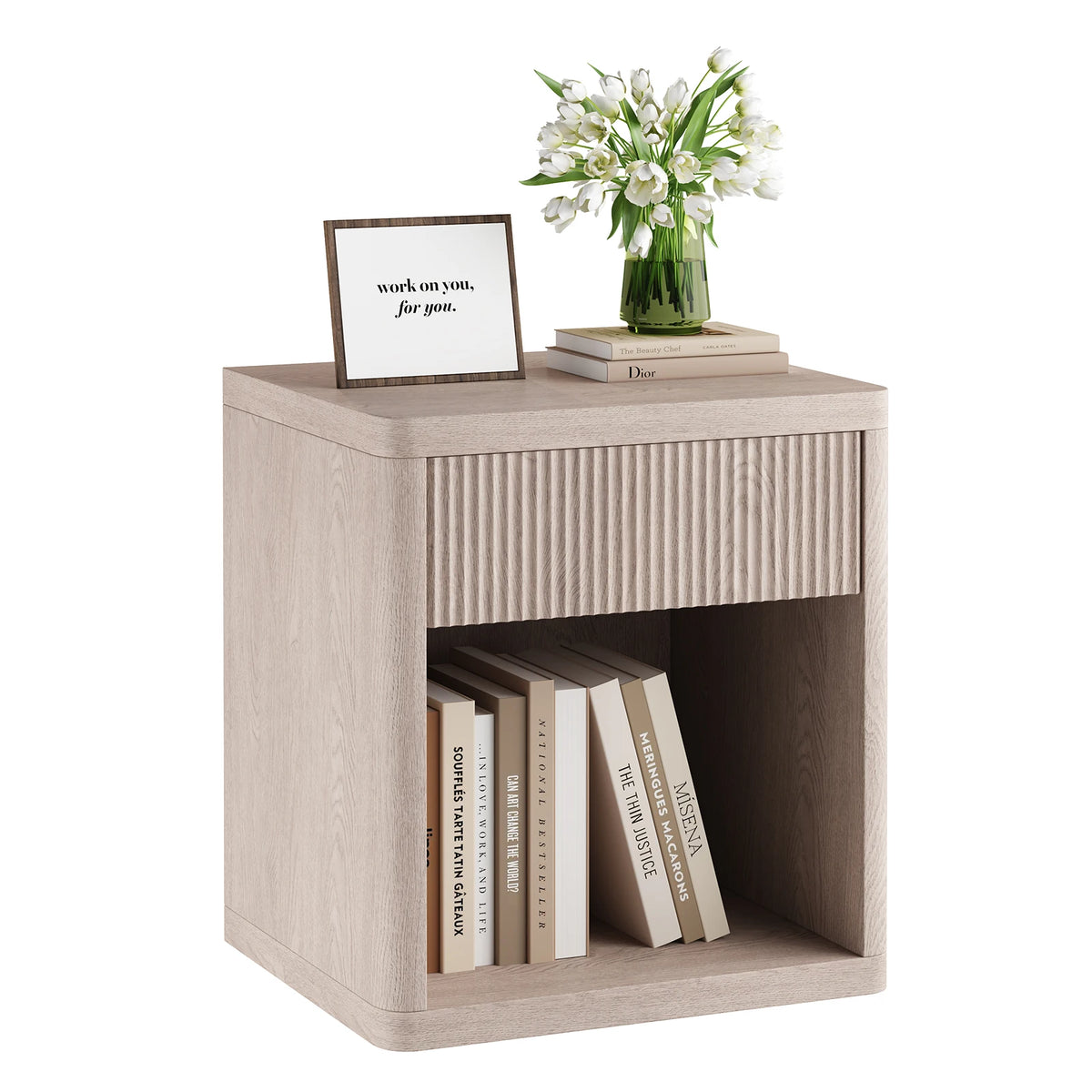 JHK 23IN Wooden End Table with Fluted Front Living Room Cabinet Mid Century Modern Night Stand with Drawer and Open Shelf Sturdy Compact Sofa Side Table for Bedroom
