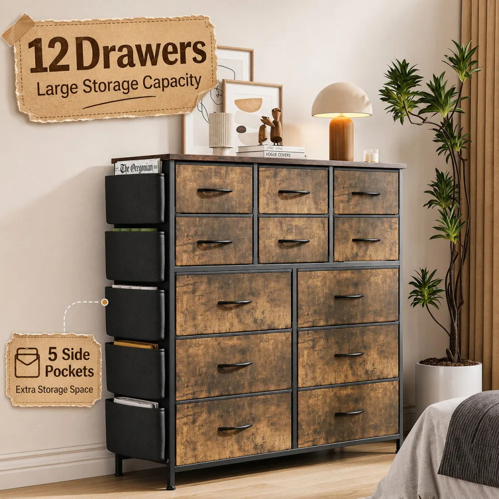 ANIXOL 12 Drawer Fabric Dresser With Wood Top Steel Frame