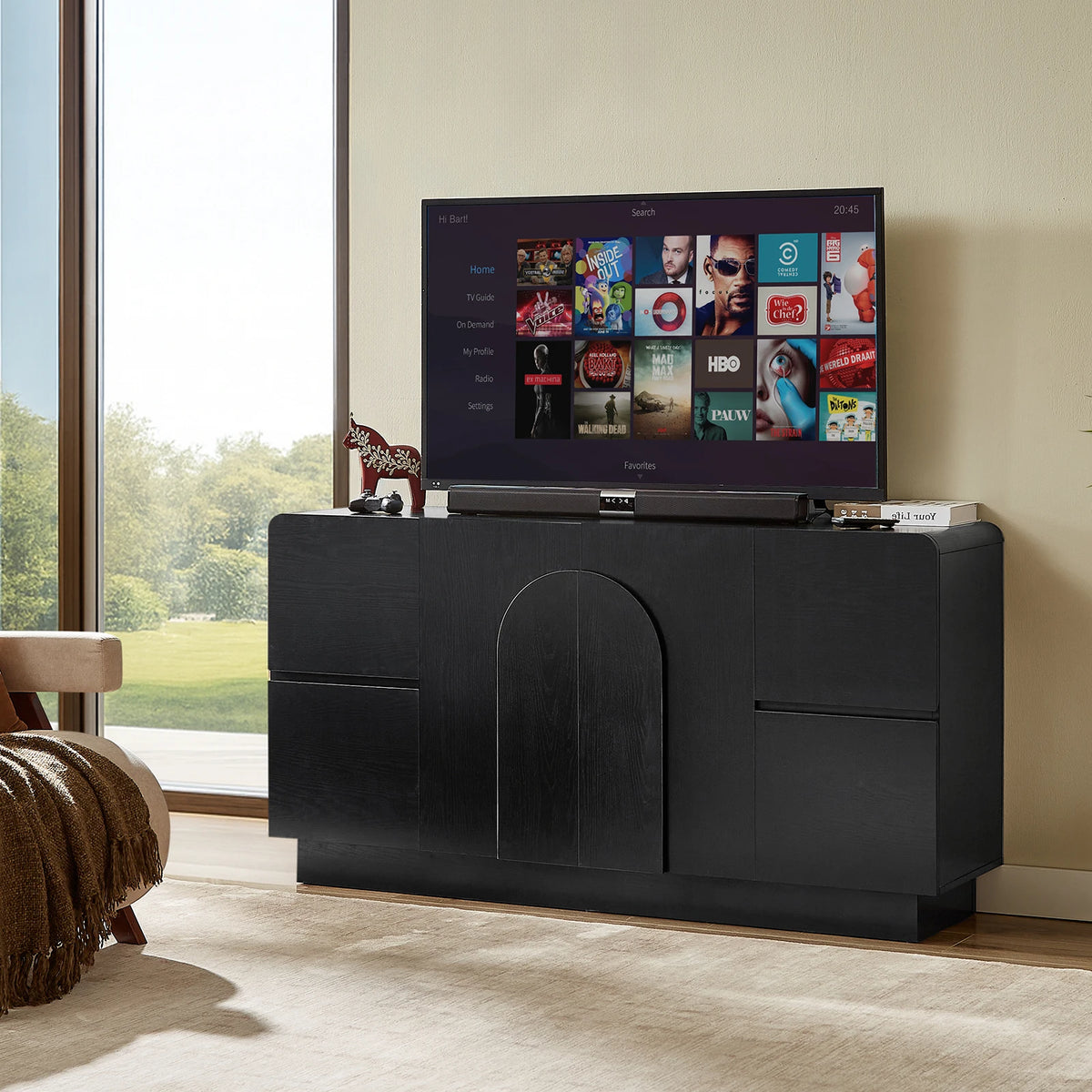 Black 60 Inch Sideboard with 4 Drawers, Curved Design Buffet Cabinet with Arched Doors & Adjustable Shelves, Mid Century Modern Accent Cabinet  for Living Room, Dining Room, Entryway, Black