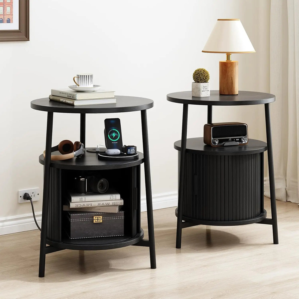 ONBRILL Fluted Round End Table With Storage For Bedroom malembe