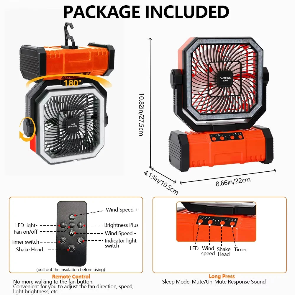 Rechargeable Camping Fan With LED Lantern And Remote Control for Outdoor Use