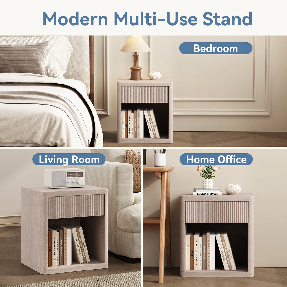 JHK 23IN Wooden End Table with Fluted Front Living Room Cabinet Mid Century Modern Night Stand with Drawer and Open Shelf Sturdy Compact Sofa Side Table for Bedroom