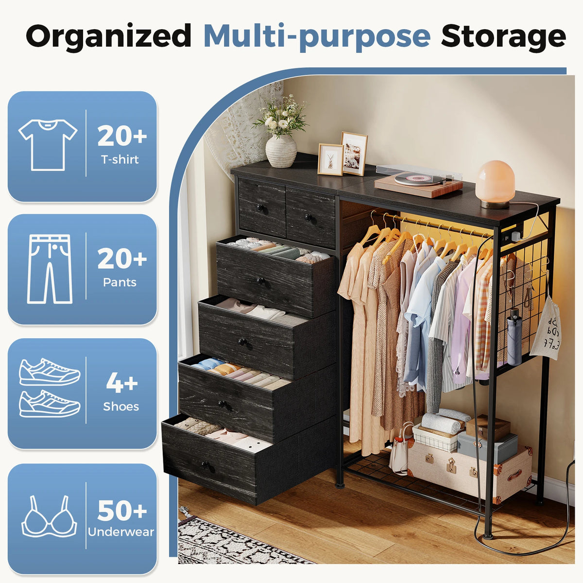 JHK Fabric Dresser With Hanging Rack And Charging Station