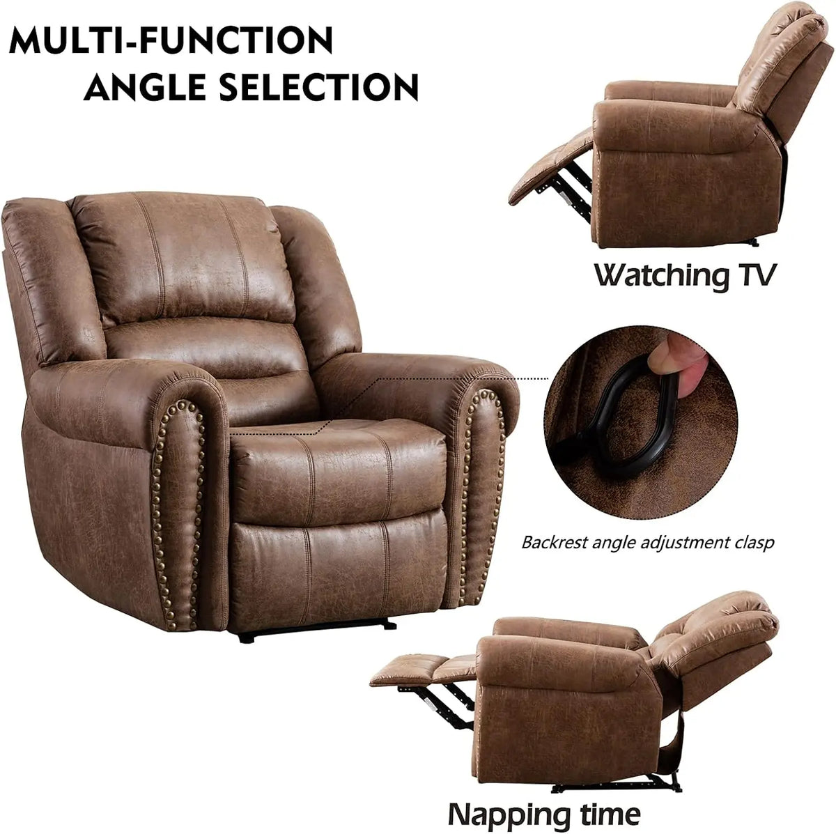 EBELLO Manual Leather Recliner Chair With Comfortable Arms for Living Rooms