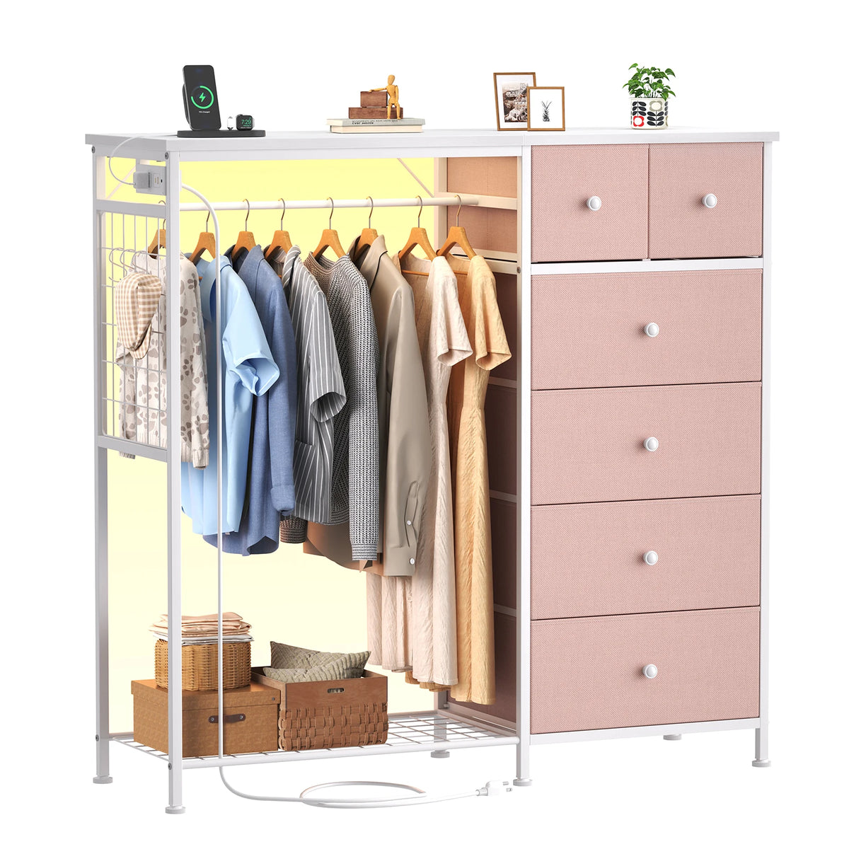 JHK Fabric Dresser With Hanging Rack And Charging Station