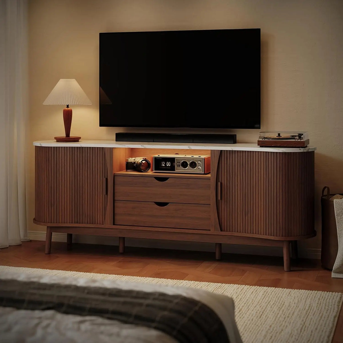 ONBRILL Fluted TV Stand With LED Lighting, USB And Storage