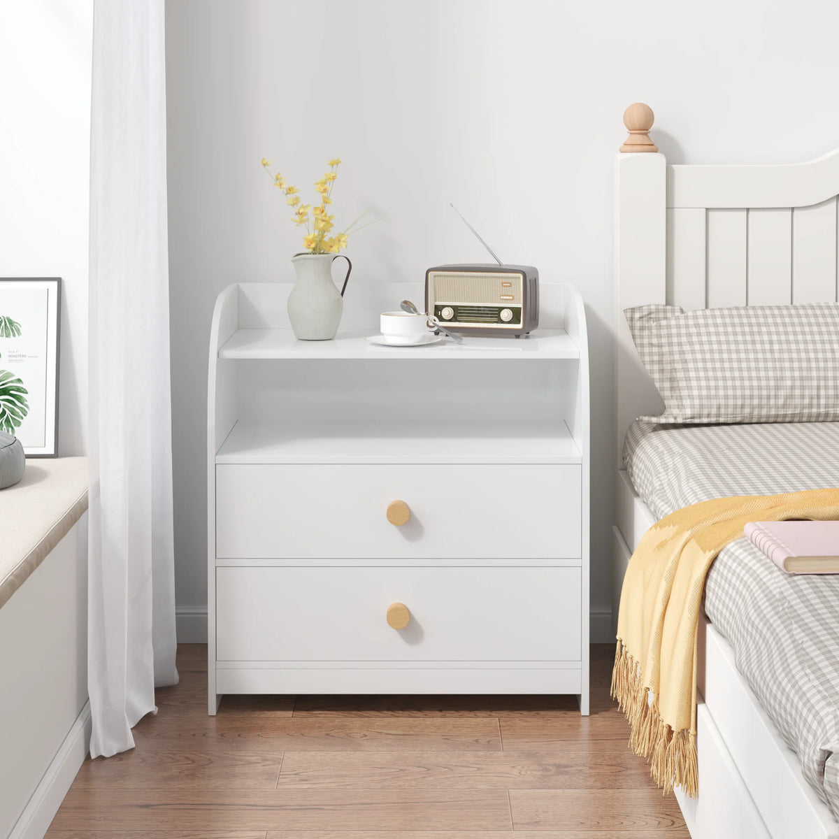 Modern Nightstand With Two Drawers And Open Shelf Storage