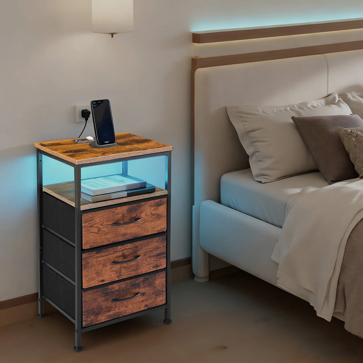 MCQ 3 Fabric Drawers Cabinets with Charging Station LED Light Strip Bedside End Table Storage Nightstand for Home Furniture