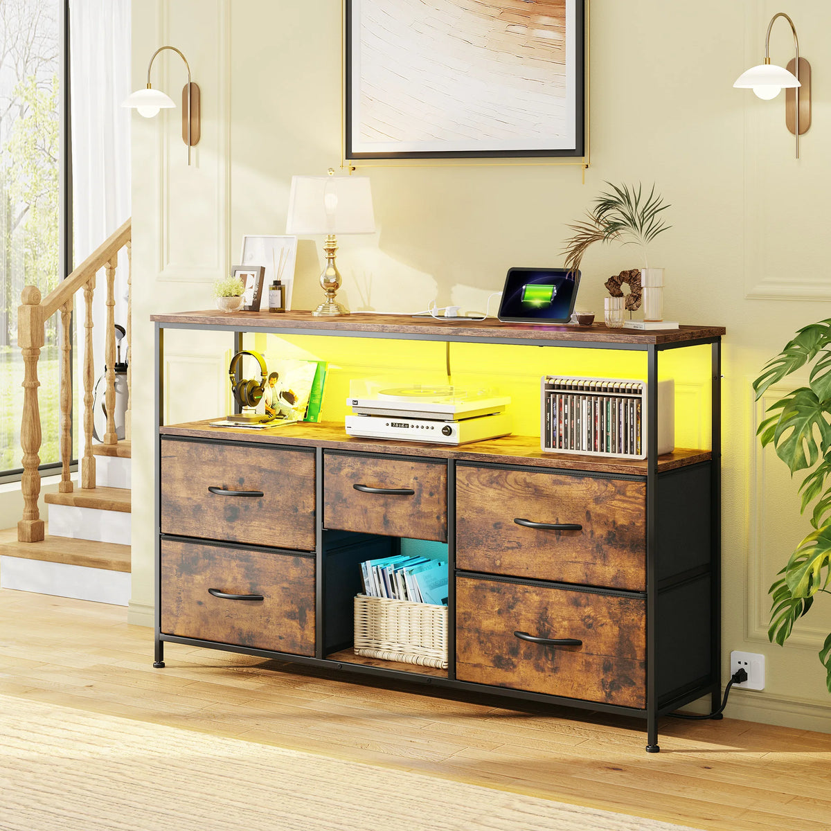 EnHomee 5‑Drawer TV Console with LED Accent Lights – 45/50" Compatible, Metal Frame, Leveling Feet, Scratch‑Resistant Top, Quick Assembly – Spacious Shelves + Fabric Drawers – Ideal for Dorm, Apartment, Living Room