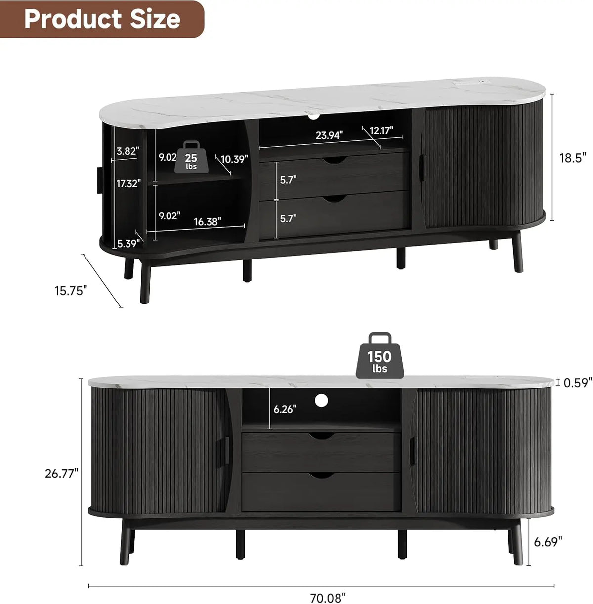ONBRILL Fluted TV Stand With LED Lighting, USB And Storage