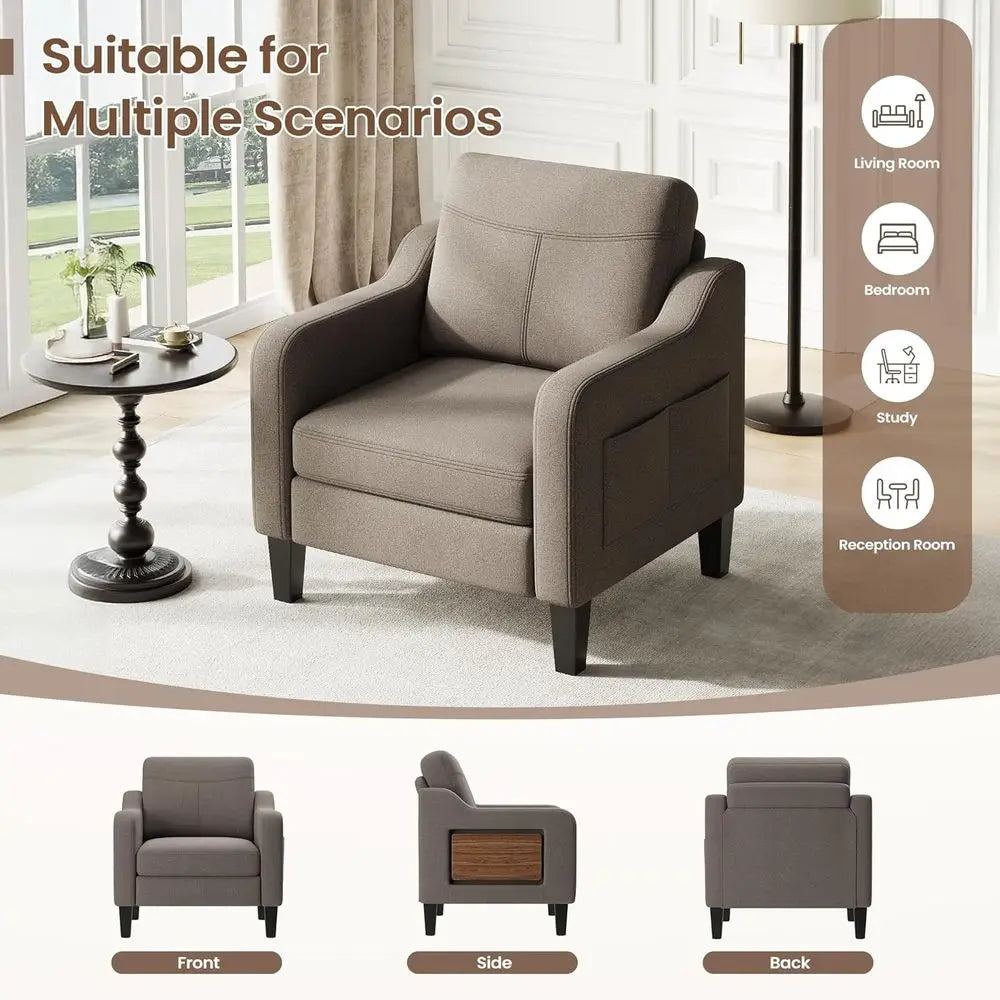Linen Upholstered Armchair With Wooden Frame For Living Room