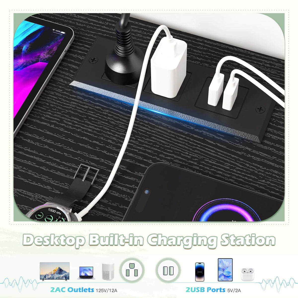 EnHomee Media Dresser With LED Lighting And Charging Station