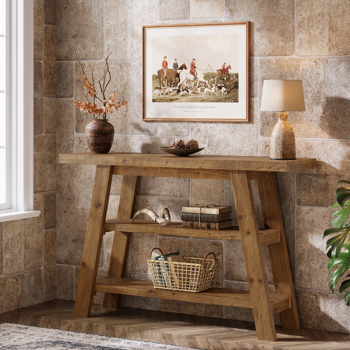 Tribesigns Rustic Wood Console Table With Three Tier Storage Shelves