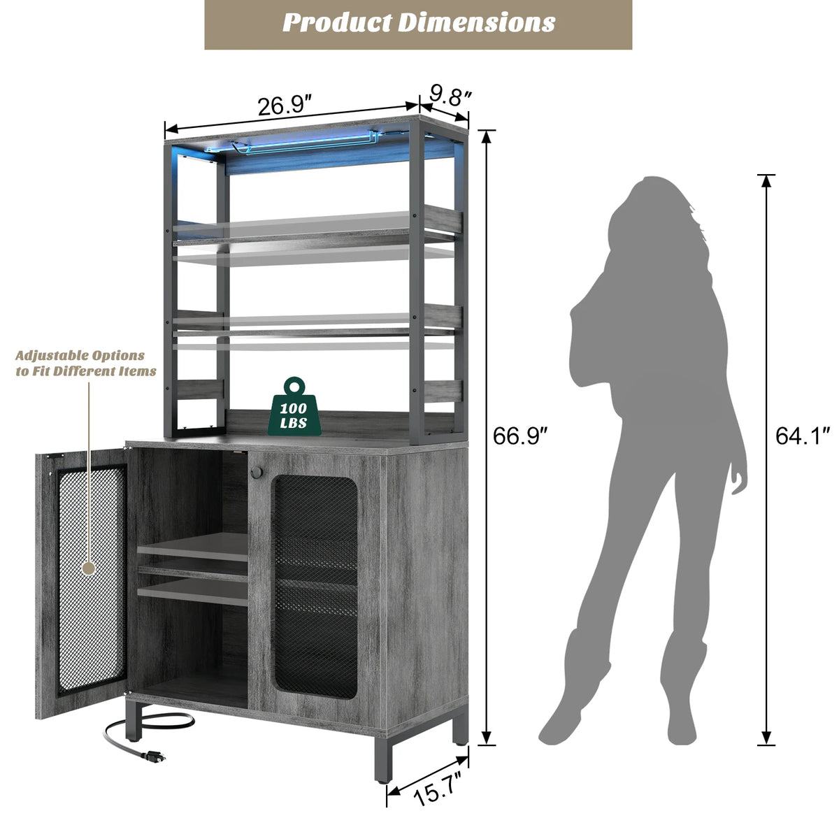 Aheaplus Bar Cabinet With LED Lights Glass Holder And Outlets