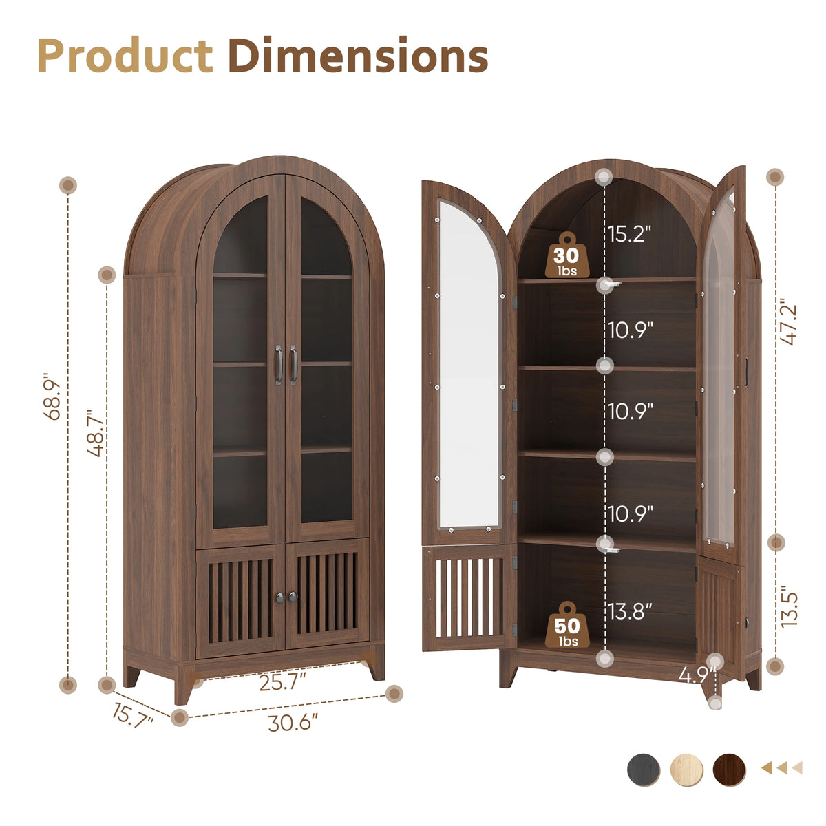 TCGBKAF Modern Farmhouse 68.9" Tall Arched Display Cabinet, Wooden Glass Door Pantry Cabinet with Adjustable Shelf for Living Room, Dining Room, Entryway Home Furniture