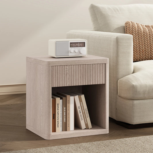 JHK 23IN Wooden End Table with Fluted Front Living Room Cabinet Mid Century Modern Night Stand with Drawer and Open Shelf Sturdy Compact Sofa Side Table for Bedroom