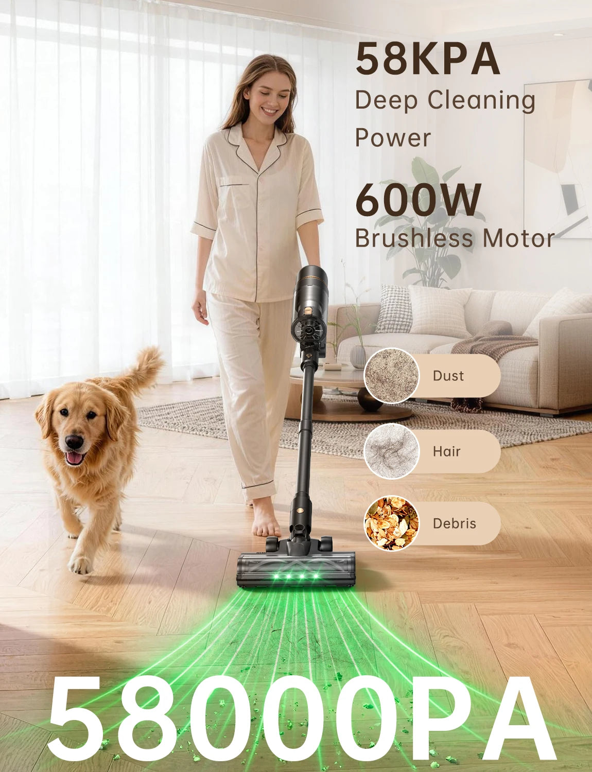 OXVAC Cordless Stick Vacuum With Self Cleaning Pet Hair Brush