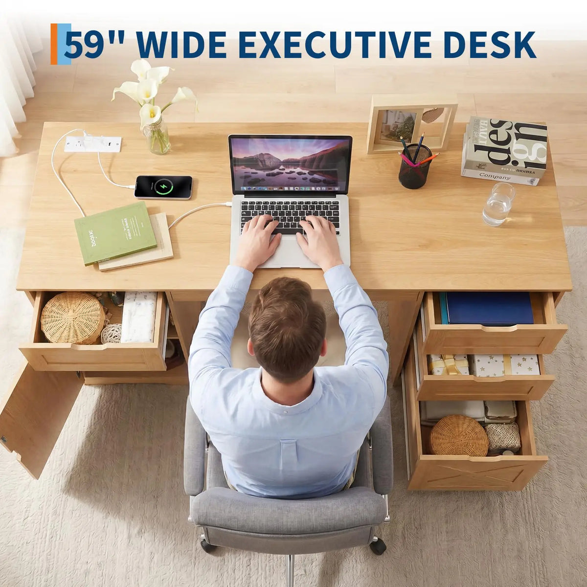 HiMISS Farmhouse Office Desk With Drawers And Charging Station