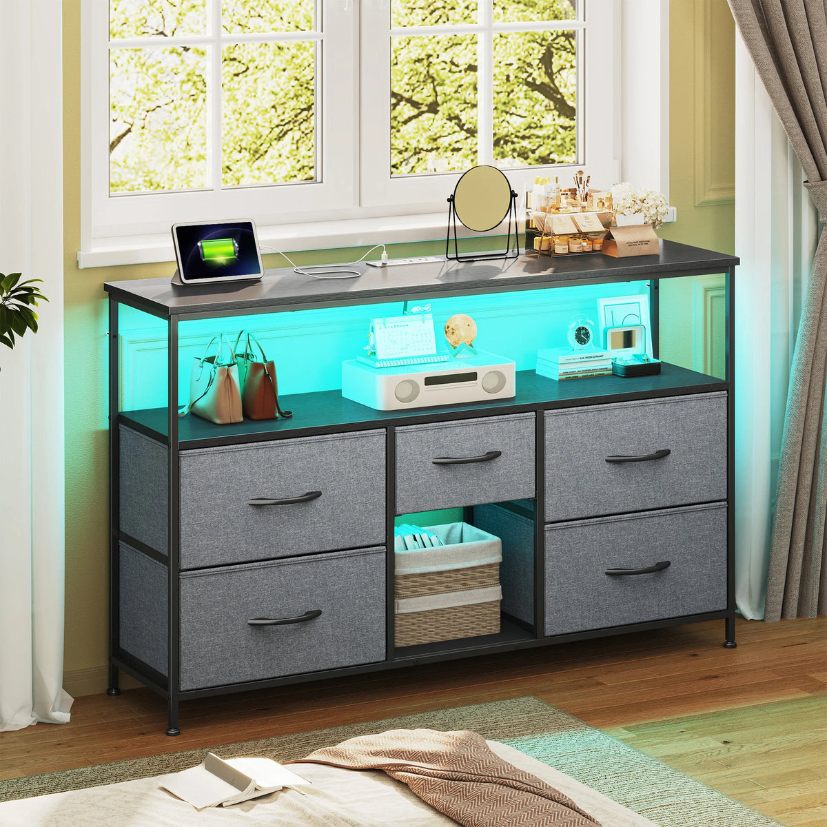 EnHomee Modern TV Console With LED Lights And Fabric Drawers