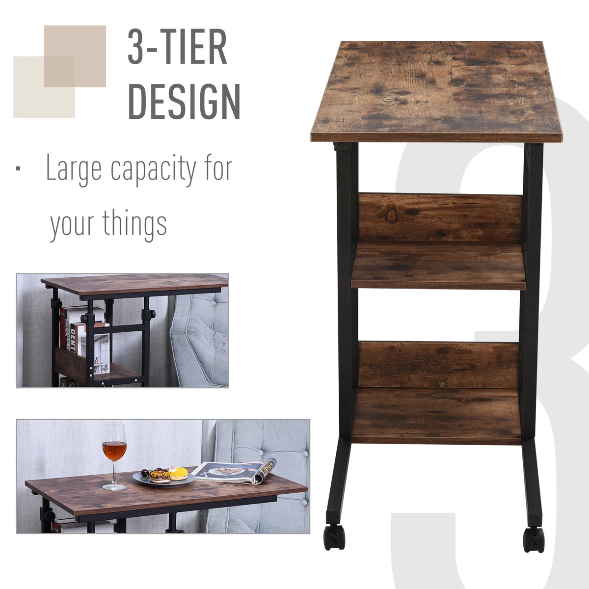 HOMCOM Industrial C Shaped Rolling Sofa Side Table With Storage