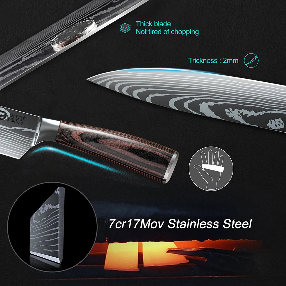 KEPEAK Stainless Steel Kitchen Knife Set With Chef Santoku Cleaver