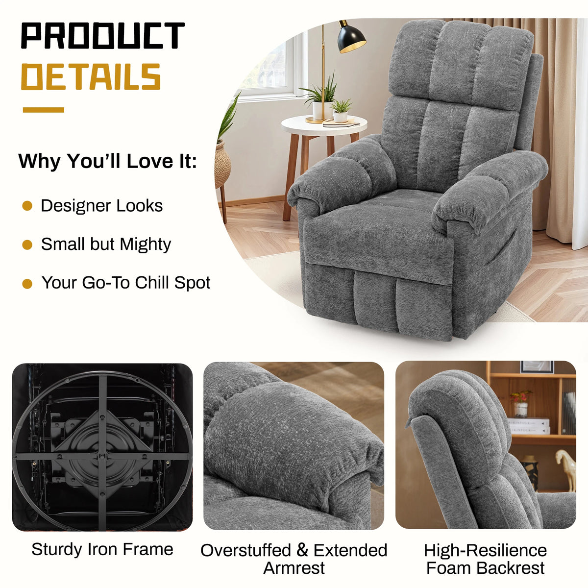 Korser Swivel Rocker Recliner Chair with Side Pockets Small Recliner for Small Spaces for Living Room, Nursery, Chenille