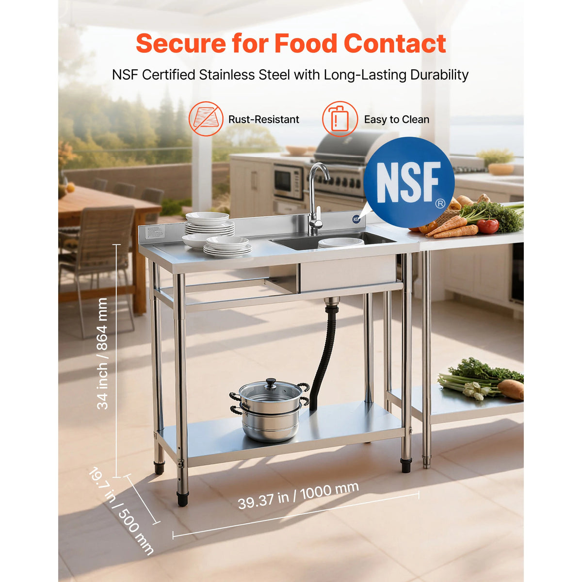 SucceBuy Stainless Steel Utility Sink 39.4/47 x 19.7 x 37 in Commercial Kitchen Sink with Hot & Cold Water Pipe for Restaurant