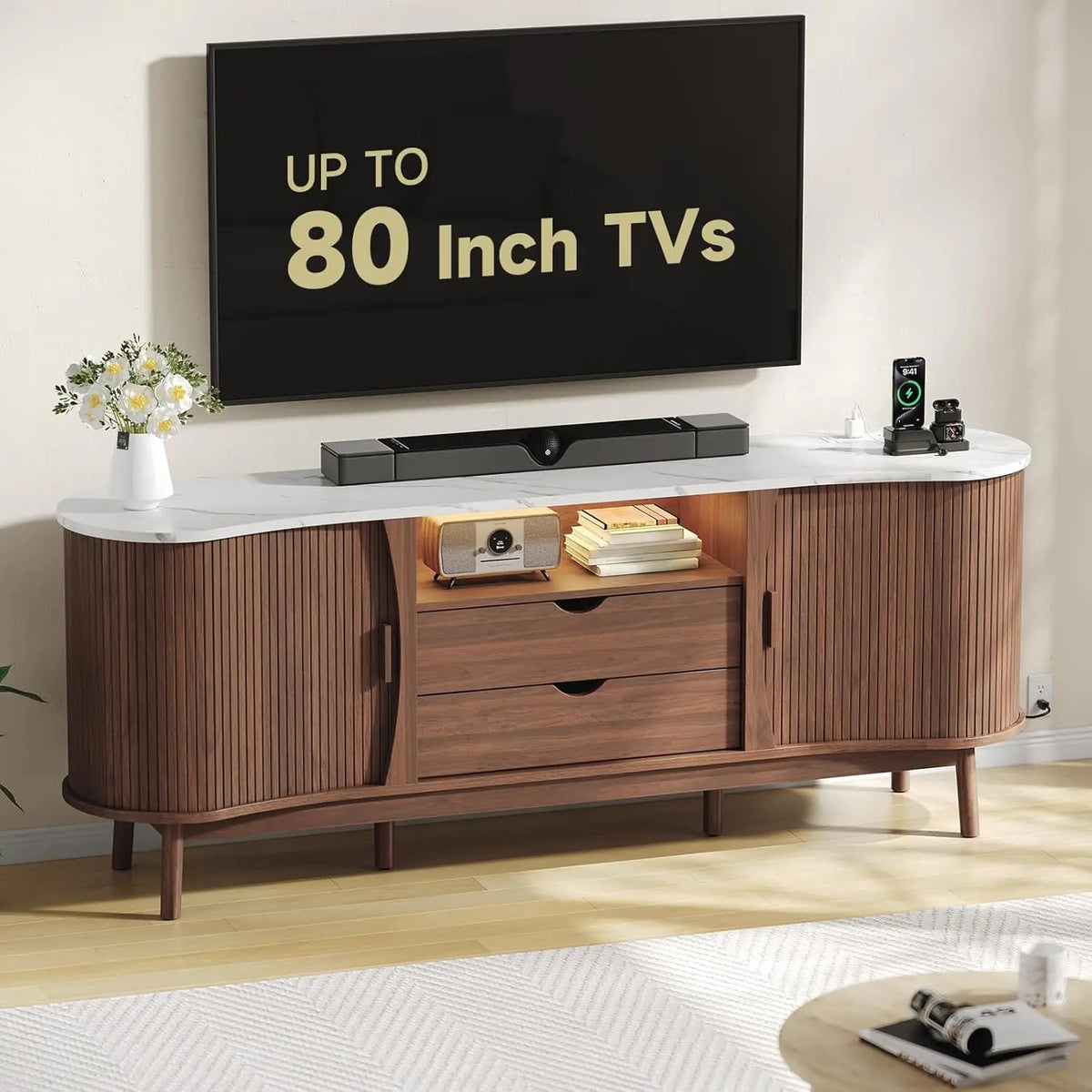 ONBRILL Fluted TV Stand With LED Lighting, USB And Storage