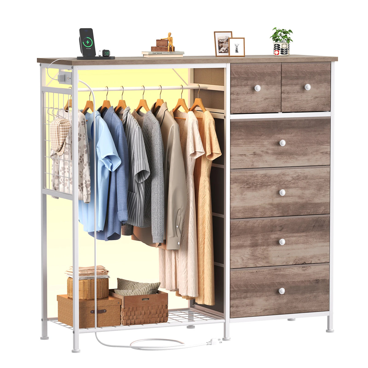 JHK Fabric Dresser With Hanging Rack And Charging Station
