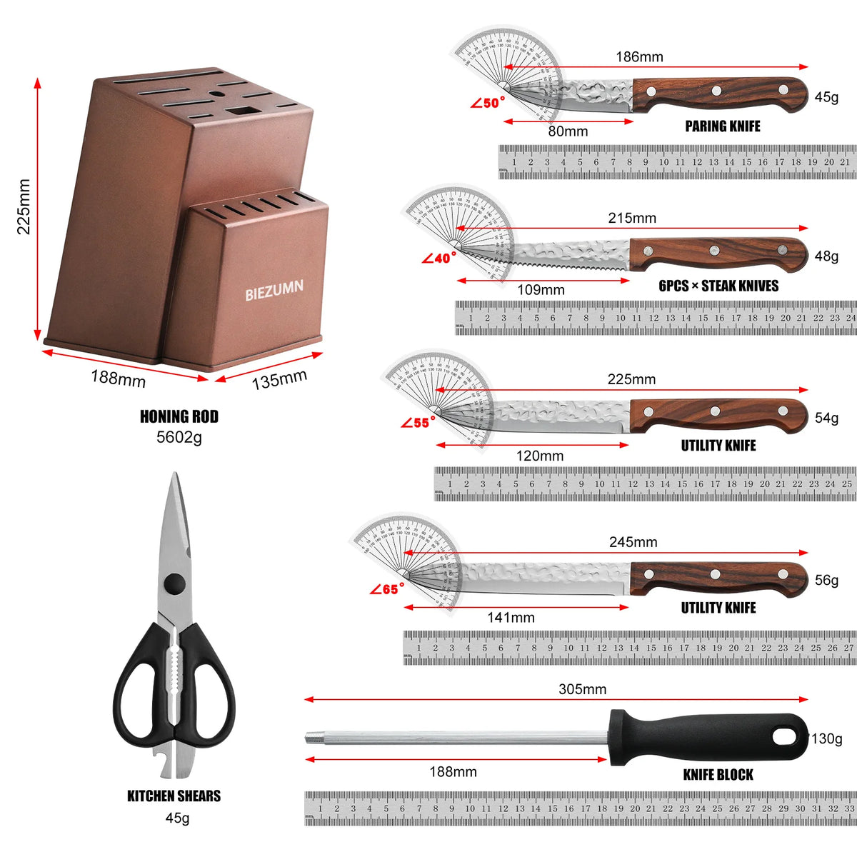 Professional Stainless Steel Kitchen Knife Set With Sharpener And Holder